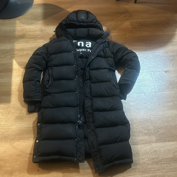 TNA Super Puff Olive Green Full Length Long Puffer Down Winter Jacket xxs - Picture 2 of 4